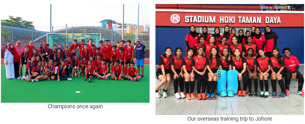 Two group photos of youth hockey teams in red uniforms, one with a trophy outdoors, one at Stadium Hoki Taman Daya.
